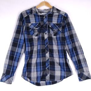 Chals Plaid Western Shirt Blue Gray Button Up Long Sleeve Cowboy Rodeo Y2K Small